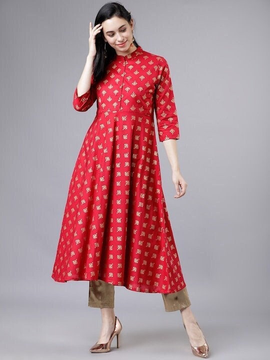 Red & Golden Printed A-Line Kurta, Ethnic Dress, Indian Dress For Women, Printed Indo Western Outfit, Anarkali Dress, Kurta, Fusion Dress VitansEthnics