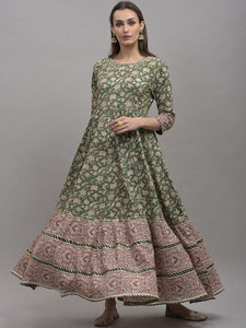 Green Floral Printed Anarkali Kurta For Women, Indian Dress, Indo Western Dress, Anarkali Dress, Fusion Outfit VitansEthnics