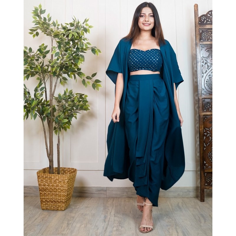 Women Sequin Crop Top With Dhoti Skirt And Long Jacket Indo Western Fu