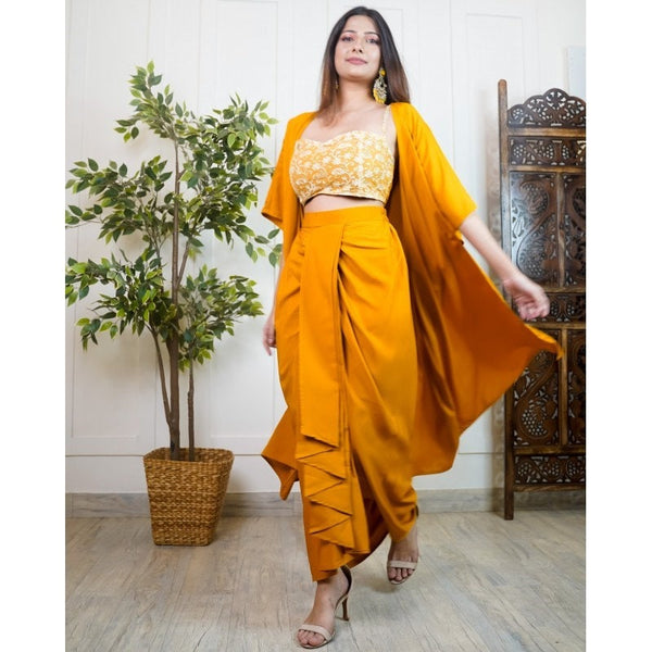 Embroidered Crop Top With Dhoti Skirt And Long Jacket VitansEthnics