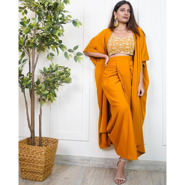 Embroidered Crop Top With Dhoti Skirt And Long Jacket VitansEthnics