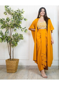 Embroidered Crop Top With Dhoti Skirt And Long Jacket VitansEthnics