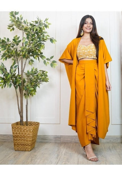 Embroidered Crop Top With Dhoti Skirt And Long Jacket VitansEthnics