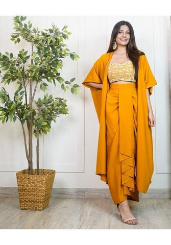Embroidered Crop Top With Dhoti Skirt And Long Jacket VitansEthnics