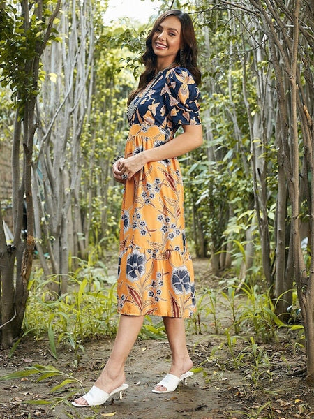 Mustard Yellow & Blue Floral Crepe Empire Midi Dress For Women, Indian Dress, Maxi Dress, Party Wear Dress, Indo Western Dress, Fusion VitansEthnics