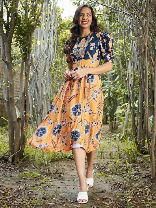 Mustard Yellow & Blue Floral Crepe Empire Midi Dress For Women, Indian Dress, Maxi Dress, Party Wear Dress, Indo Western Dress, Fusion VitansEthnics