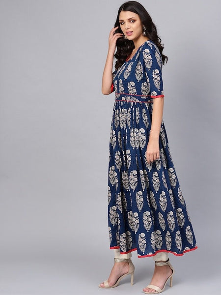 Navy Blue & Off-White Printed Anarkali Kurta For Women, Fit and Flare Dress, Indian Dress For Women, Indo Western Dress, Fusion Outfit VitansEthnics