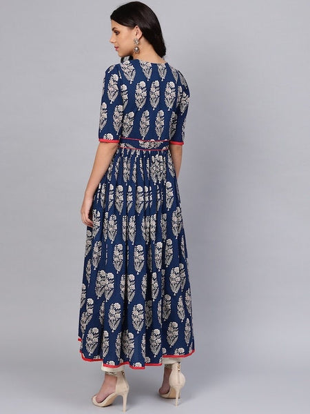 Navy Blue & Off-White Printed Anarkali Kurta For Women, Fit and Flare Dress, Indian Dress For Women, Indo Western Dress, Fusion Outfit VitansEthnics