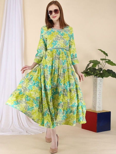 Lime Green Floral Printed Tiered Anarkali Kurti For Women, Indian Dress, Indo Western Dress, Anarkali Dress, Indian Gown, Indian Kurta VitansEthnics