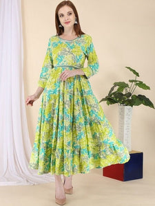 Lime Green Floral Printed Tiered Anarkali Kurti For Women, Indian Dress, Indo Western Dress, Anarkali Dress, Indian Gown, Indian Kurta VitansEthnics