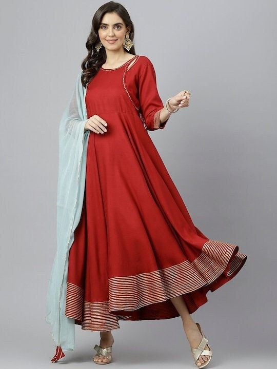 Maroon Gota Patti Cutout Detail Anarkali Kurti with Dupatta For Women, Indian Dress, Indo Western Outfit, Anarkali Dress, Fusion Dress VitansEthnics