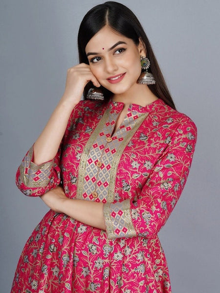 Pink & Golden Ethnic Motifs Printed Anarkali Kurti For Women, Indian Dress, Indo Western Dress, Anarkali Dress, Indian Gown, Kurta, Fusion VitansEthnics
