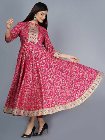Pink & Golden Ethnic Motifs Printed Anarkali Kurti For Women, Indian Dress, Indo Western Dress, Anarkali Dress, Indian Gown, Kurta, Fusion VitansEthnics