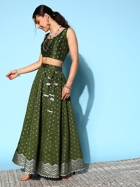 Olive Green & Silver Printed Ready to Wear Lehenga Blouse With Dupatta, Indo Western Set for women, Indian Wedding Outfit, Lehenga Choli VitansEthnics