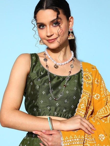 Olive Green & Silver Printed Ready to Wear Lehenga Blouse With Dupatta, Indo Western Set for women, Indian Wedding Outfit, Lehenga Choli VitansEthnics
