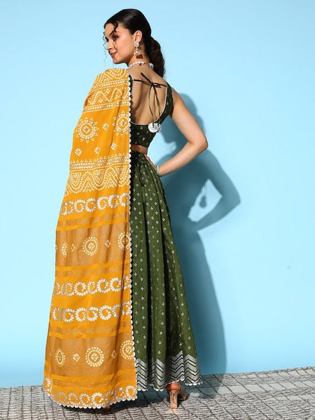 Olive Green & Silver Printed Ready to Wear Lehenga Blouse With Dupatta, Indo Western Set for women, Indian Wedding Outfit, Lehenga Choli VitansEthnics