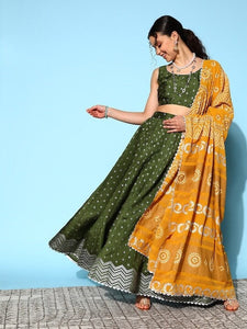 Olive Green & Silver Printed Ready to Wear Lehenga Blouse With Dupatta, Indo Western Set for women, Indian Wedding Outfit, Lehenga Choli VitansEthnics