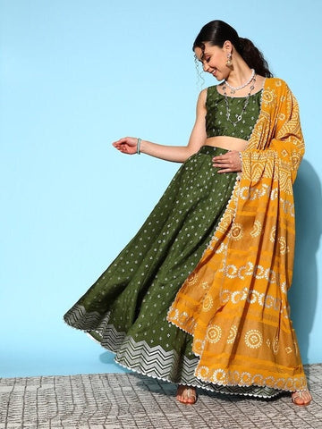 Olive Green & Silver Printed Ready to Wear Lehenga Blouse With Dupatta, Indo Western Set for women, Indian Wedding Outfit, Lehenga Choli VitansEthnics