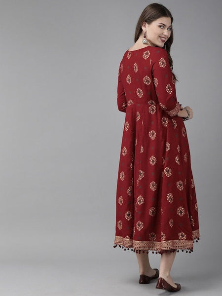 Maroon & Golden Printed Anarkali Kurta, Indian Ethnic wear, Wedding wear kurta for women, Indo Western Dress, Indian Dress For Women VitansEthnics