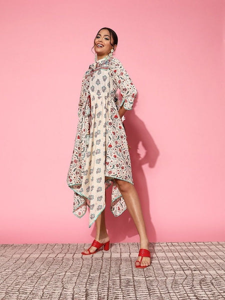 Designer Indian Beige Cotton Asymmetrical Ethnic Dress, Dhoti Dress for Women, Indo Western Dress, Indian Style One Piece Dress, Fusion VitansEthnics