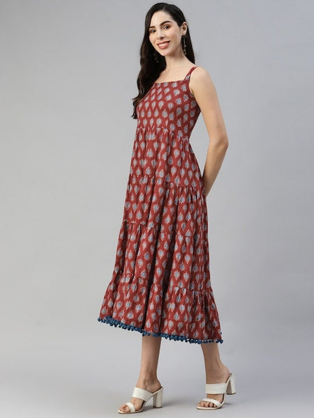 Maroon & Navy Blue Pure Cotton Ethnic A-Line Midi Dress For Women, Indo Western Dress, Indian Ethnic Dress for women, Fusion Midi Dress VitansEthnics