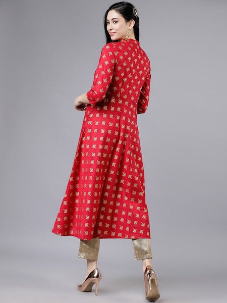 Red & Golden Printed A-Line Kurta, Ethnic Dress, Indian Dress For Women, Printed Indo Western Outfit, Anarkali Dress, Kurta, Fusion Dress VitansEthnics