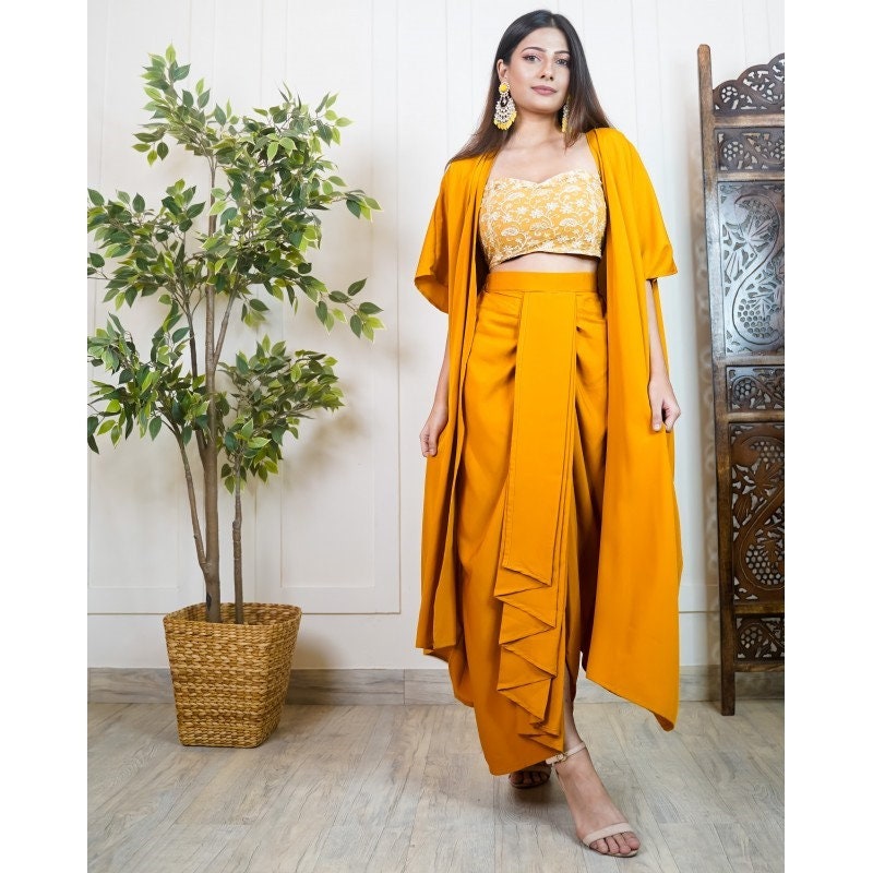 Dhoti Crop Top With Pants And Long Shrug Crop Top With High Waist