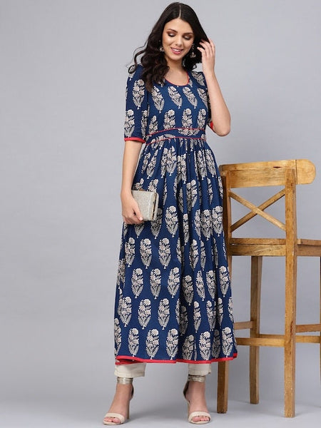Navy Blue & Off-White Printed Anarkali Kurta For Women, Fit and Flare Dress, Indian Dress For Women, Indo Western Dress, Fusion Outfit VitansEthnics