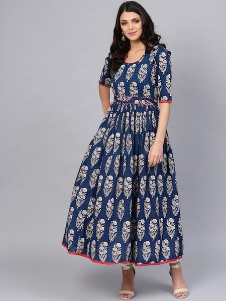 Navy Blue & Off-White Printed Anarkali Kurta For Women, Fit and Flare Dress, Indian Dress For Women, Indo Western Dress, Fusion Outfit VitansEthnics