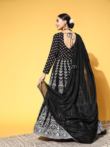 Black Ethnic Motifs Printed Anarkali With Dupatta VitansEthnics