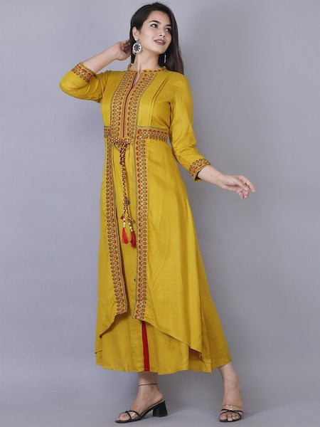 Yellow Ethnic Motifs Embroidered Layered Kurta For Women, Indian Dress For Women, Printed Indo Western Outfit, Anarkali Dress, Fusion Dress VitansEthnics