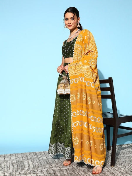 Olive Green & Silver Printed Ready to Wear Lehenga Blouse With Dupatta, Indo Western Set for women, Indian Wedding Outfit, Lehenga Choli VitansEthnics