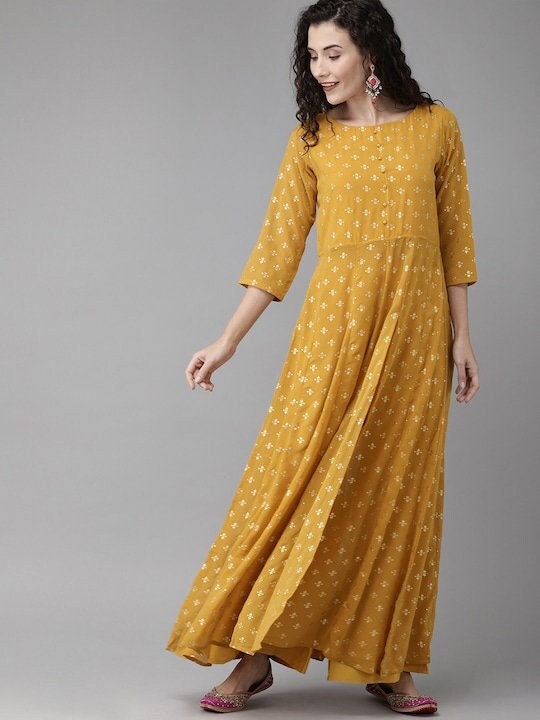 Mustard Yellow & Gold Printed Anarkali Kurta with Palazzo, Indo Western Outfit, Ethnic Set for women, Top with palazzo Set, Indian Dress VitansEthnics