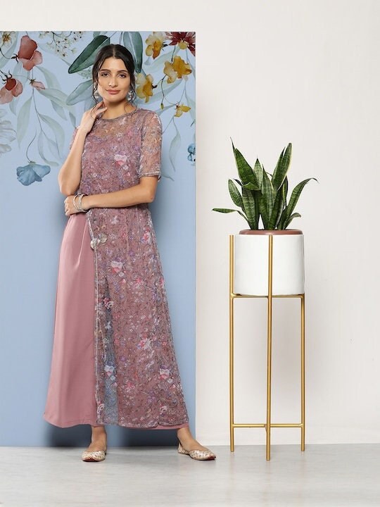 Mauve Floral Print Jumpsuit VitansEthnics