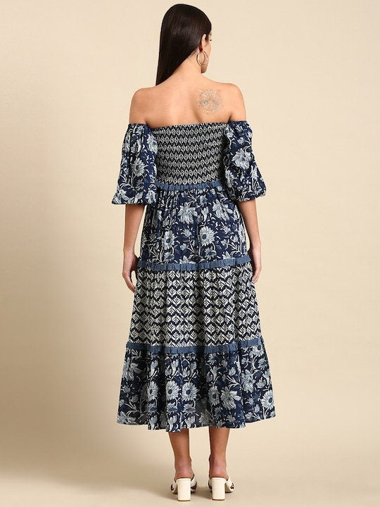 off shoulder indian dresses Indian Floral Off Shoulder Smocked Maxi Dress XL