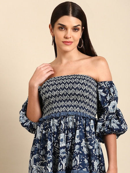 Floral Off Shoulder Smocked Maxi Dress, Indo Western Dress for women, Indian Floral Dress, Off Shoulder Maxi Dress, Summer Prints Dresses VitansEthnics