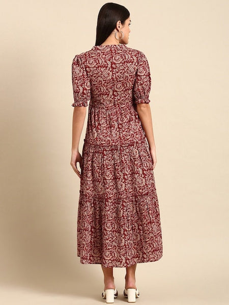 Maroon Floral Print Ethnic A-Line Pure Cotton Midi Dress For Women, Indo Western Dress, Indian Ethnic Dress for women, Fusion Midi Dress VitansEthnics