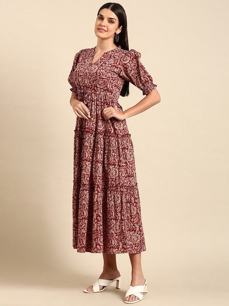 Maroon Floral Print Ethnic A-Line Pure Cotton Midi Dress For Women, Indo Western Dress, Indian Ethnic Dress for women, Fusion Midi Dress VitansEthnics