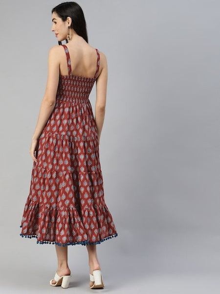 Maroon & Navy Blue Pure Cotton Ethnic A-Line Midi Dress For Women, Indo Western Dress, Indian Ethnic Dress for women, Fusion Midi Dress VitansEthnics
