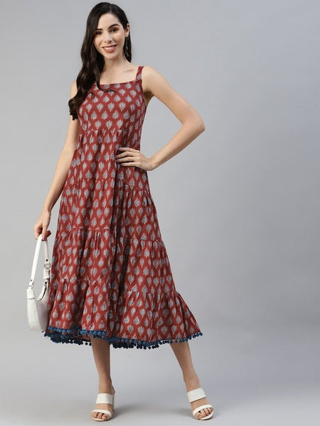 Maroon & Navy Blue Pure Cotton Ethnic A-Line Midi Dress For Women, Indo Western Dress, Indian Ethnic Dress for women, Fusion Midi Dress VitansEthnics