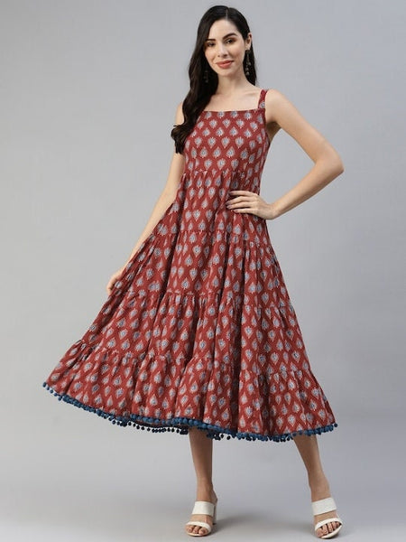 Maroon & Navy Blue Pure Cotton Ethnic A-Line Midi Dress For Women, Indo Western Dress, Indian Ethnic Dress for women, Fusion Midi Dress VitansEthnics