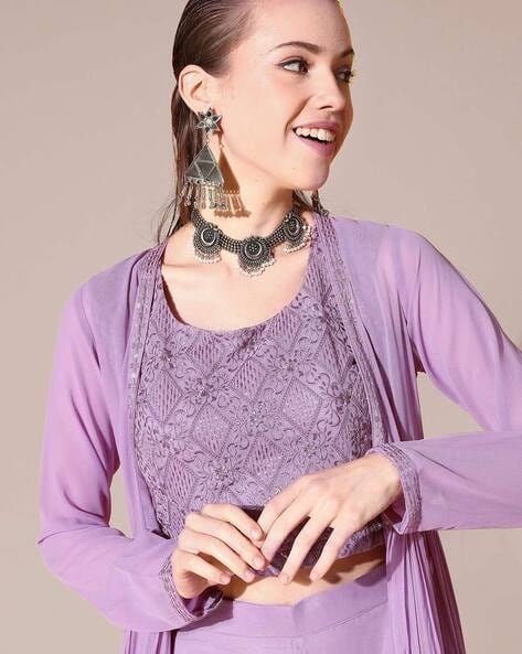 Lavender Self-Design Embroidered Crop Top with Palazzo And Shrug Set VitansEthnics