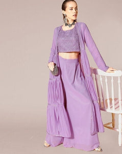 Lavender Self-Design Embroidered Crop Top with Palazzo And Shrug Set VitansEthnics