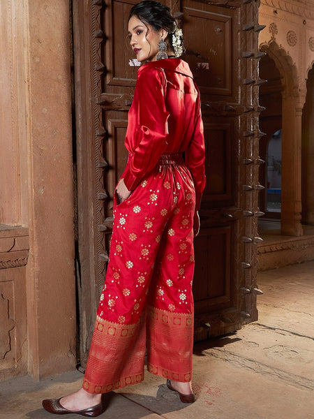 Satin Shirt With Self Design Brocade Palazzo For Women, Palazzo Suit Set, Indo Western Dress, Indian Dress, Pant Suit, Party Wear Fusion Set VitansEthnics