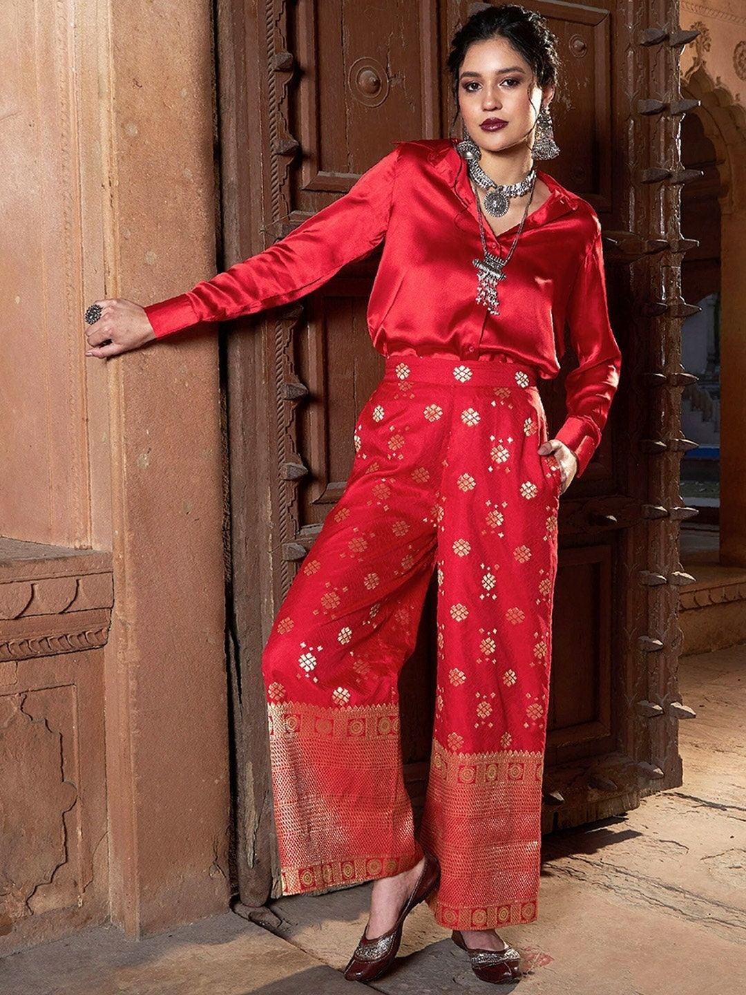Satin Shirt With Self Design Brocade Palazzo For Women, Palazzo Suit Set, Indo Western Dress, Indian Dress, Pant Suit, Party Wear Fusion Set VitansEthnics