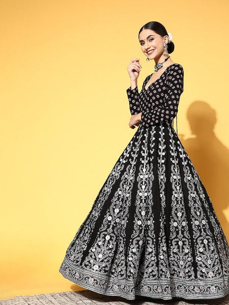 Black Ethnic Motifs Printed Anarkali With Dupatta VitansEthnics