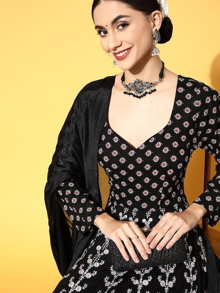 Black Ethnic Motifs Printed Anarkali With Dupatta VitansEthnics