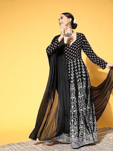 Black Ethnic Motifs Printed Anarkali With Dupatta VitansEthnics