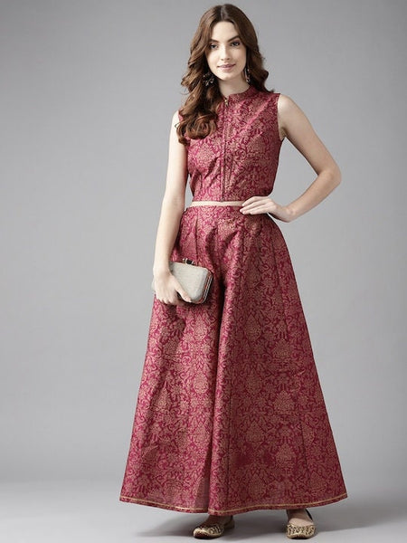 Burgundy Floral Printed Top with Palazzo Pant Set VitansEthnics