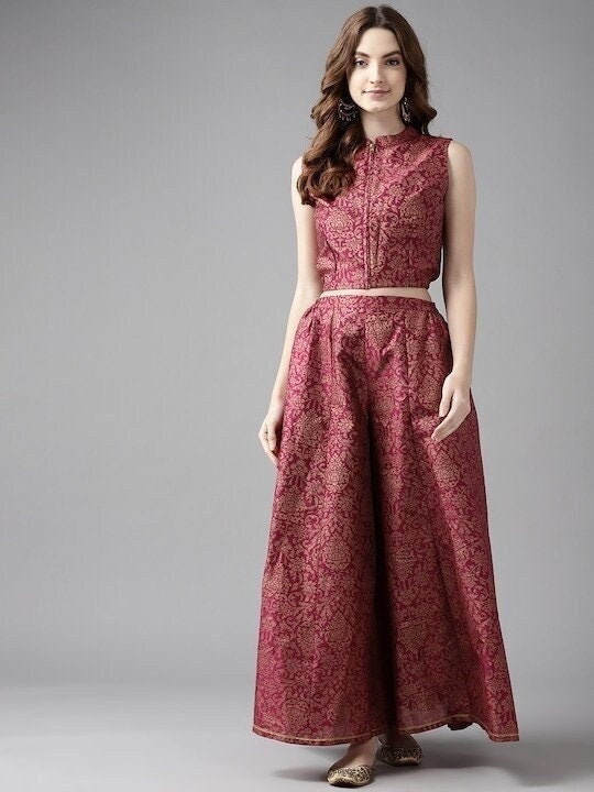 Burgundy Floral Printed Top with Palazzo Pant Set VitansEthnics